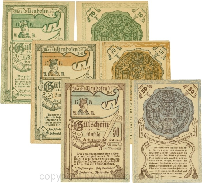 sn109821 Neuhofen a.d. Ybbs - Markt, G0651a, Serie 10, 20 und 50 Heller, Papier dicht; 1-