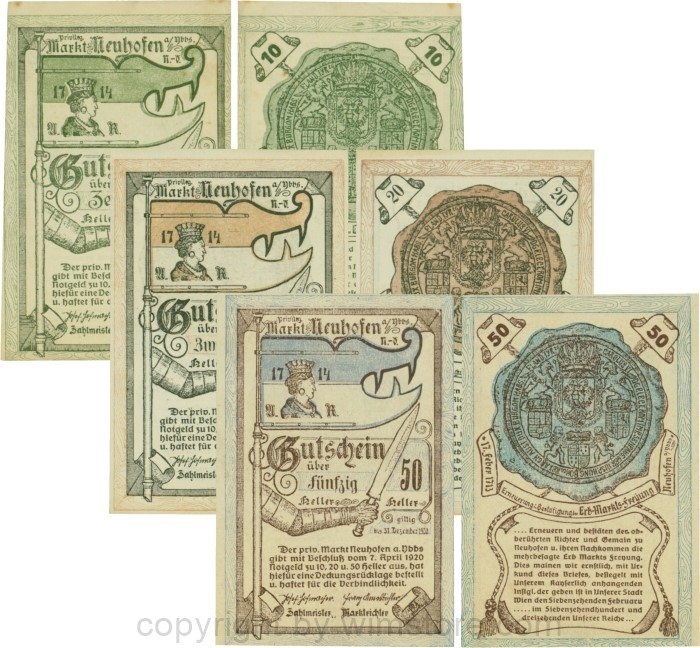 sn109829 Neuhofen a.d. Ybbs - Markt, G0651b, Serie 10, 20 und 50 Heller, Papier durchscheinend; 1-
