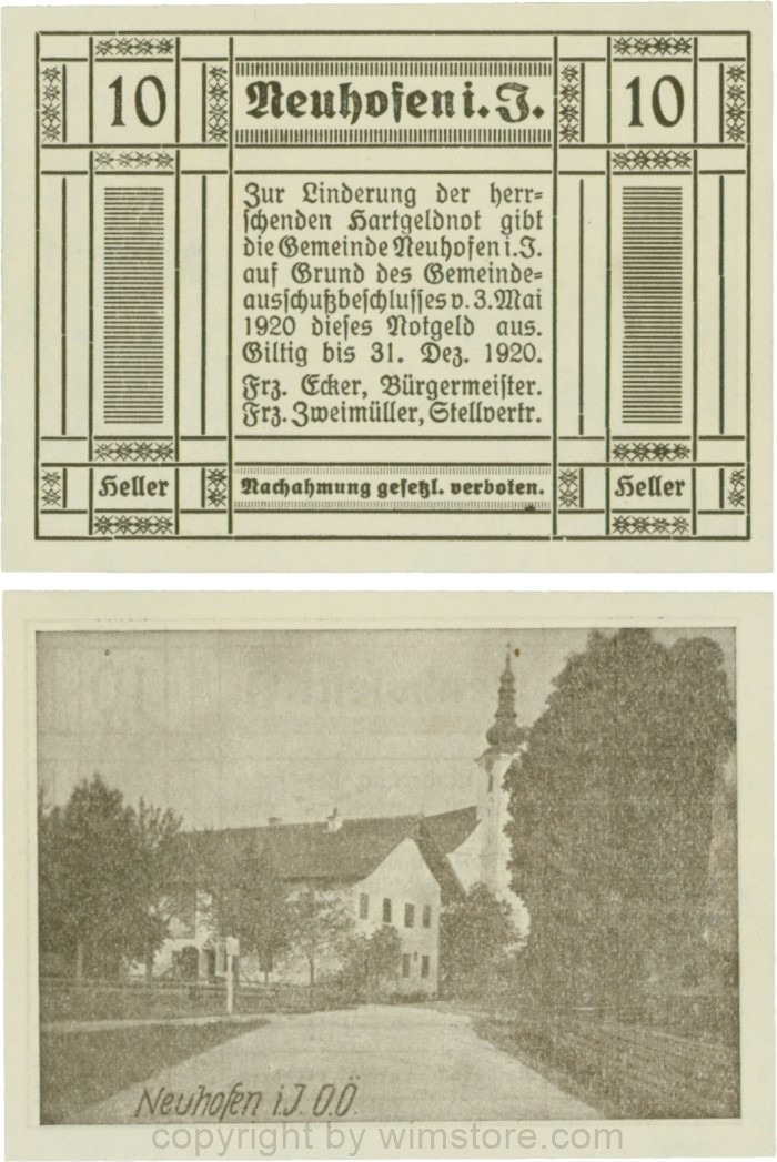 Neuhofen im Innkreis, G0652II1, 10 Heller, bei Heller ll engstehend, Schein Nr. 1; 1