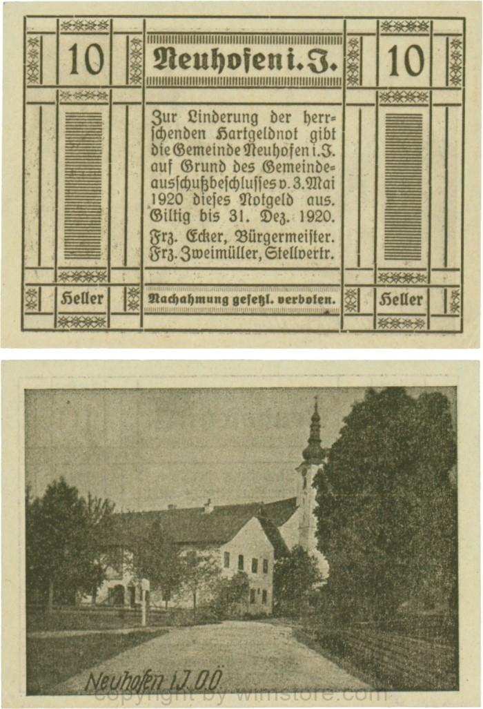 Neuhofen im Innkreis, G0652II1, 10 Heller, bei Heller ll engstehend, Schein Nr. 1; 1-