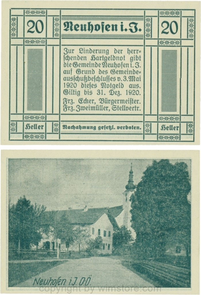 Neuhofen im Innkreis, G0652II2, 20 Heller, bei Heller ll engstehend, Schein Nr. 2; 1
