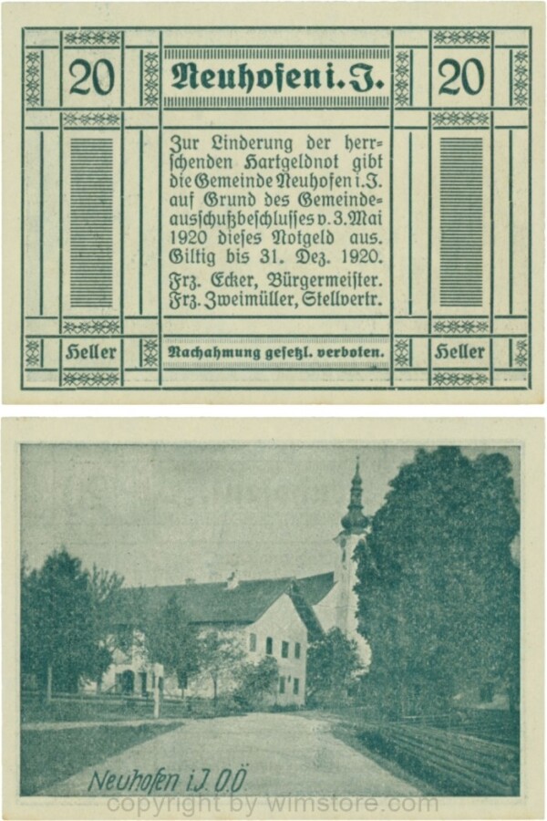 Neuhofen im Innkreis, G0652II2, 20 Heller, bei Heller ll engstehend, Schein Nr. 2; 1-