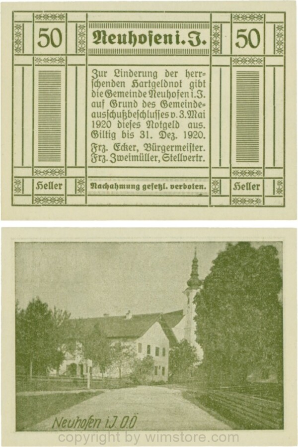 Neuhofen im Innkreis, G0652II3, 50 Heller, bei Heller ll engstehend, Schein Nr. 3; 1
