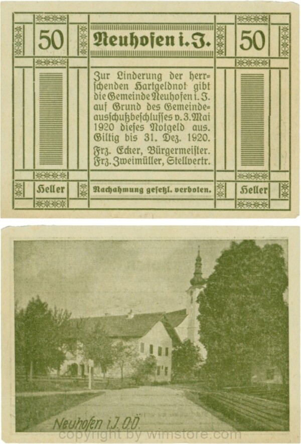 Neuhofen im Innkreis, G0652II3, 50 Heller, bei Heller ll engstehend, Schein Nr. 3; 1-