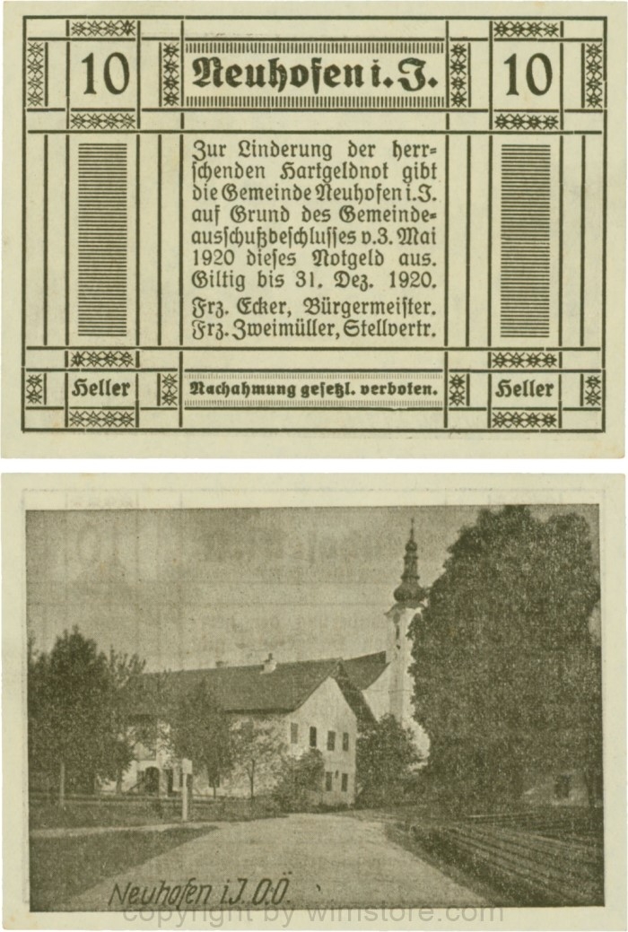 Neuhofen im Innkreis, G0652II4, 10 Heller, bei Heller ll mit Abstand, Schein Nr. 4; 1