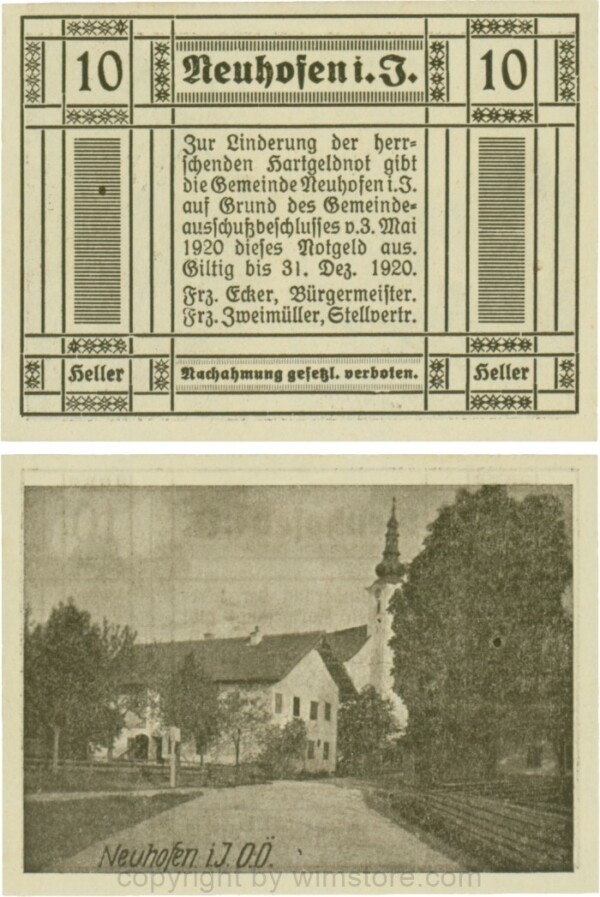 Neuhofen im Innkreis, G0652II4, 10 Heller, bei Heller ll mit Abstand, Schein Nr. 4; 1-