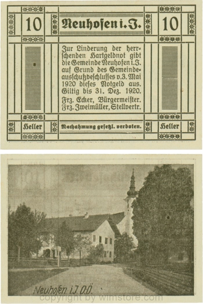Neuhofen im Innkreis, G0652II4, 10 Heller, bei Heller ll mit Abstand, Schein Nr. 4; 1-