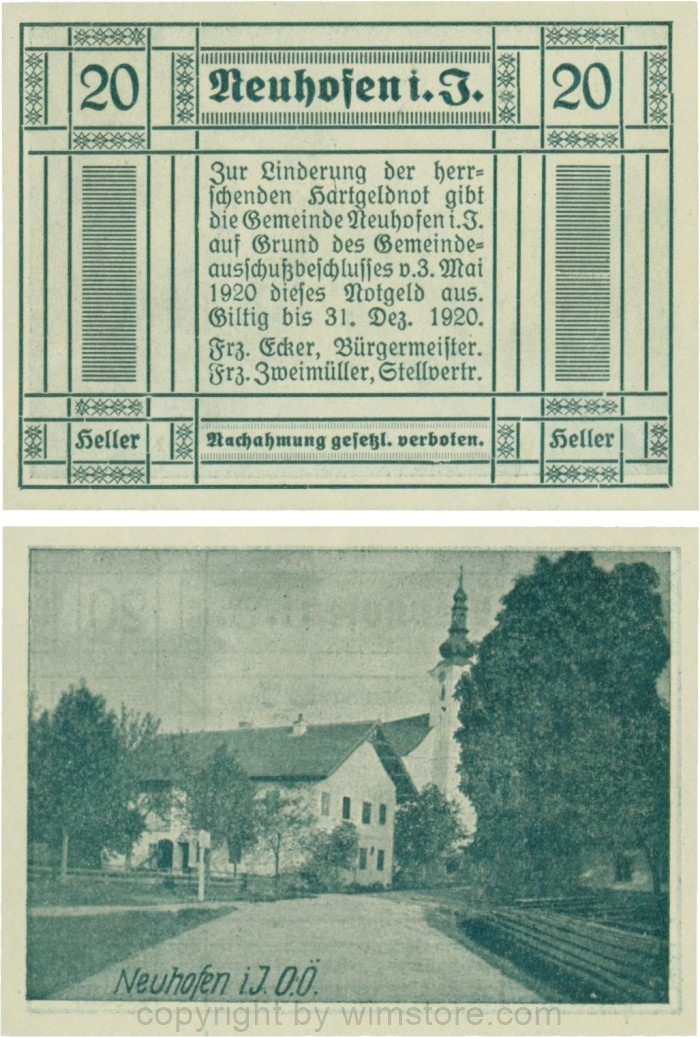 Neuhofen im Innkreis, G0652II5, 20 Heller, bei Heller ll mit Abstand, Schein Nr. 5; 1