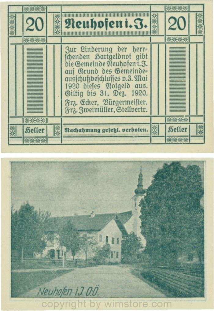Neuhofen im Innkreis, G0652II5, 20 Heller, bei Heller ll mit Abstand, Schein Nr. 5; 1-