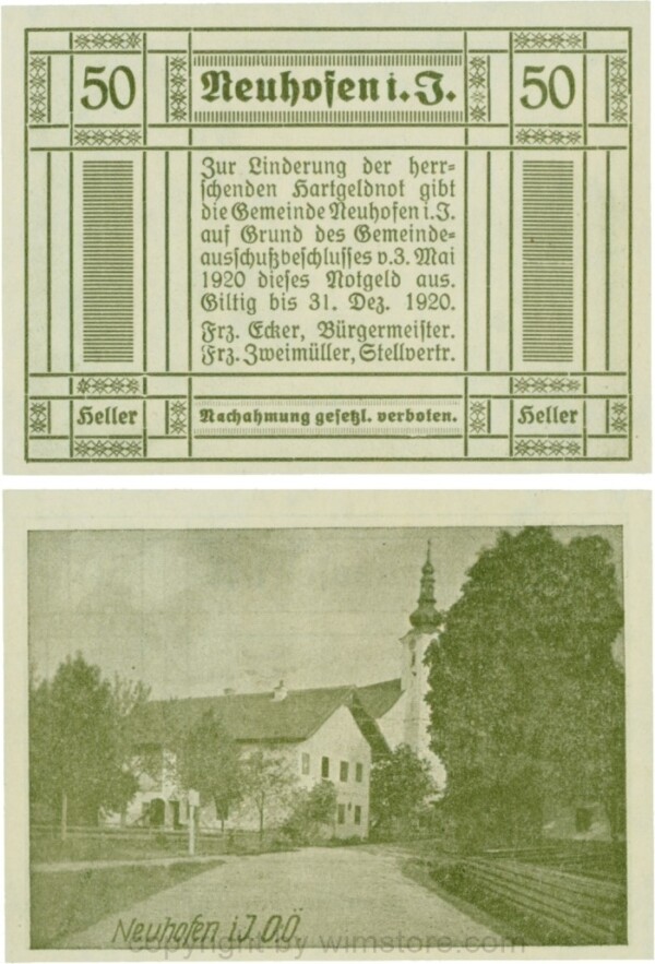 Neuhofen im Innkreis, G0652II6, 50 Heller, bei Heller ll mit Abstand, Schein Nr. 6; 1