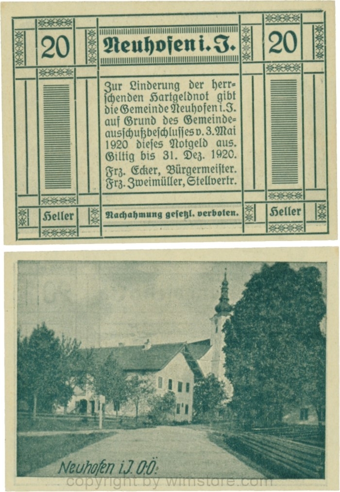 Neuhofen im Innkreis, G0652II8, 20 Heller, bei Heller ll mit Abstand, links l ohne, rehts mit Abstrich, Schein Nr. 8; 1-