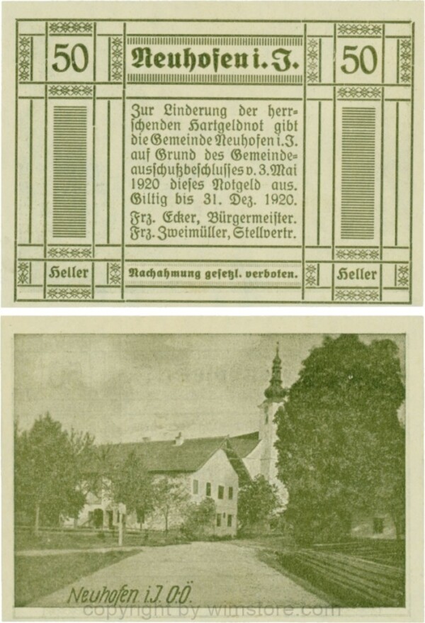 Neuhofen im Innkreis, G0652II9, 50 Heller, bei Heller ll mit Abstand, links l ohne, rehts mit Abstrich, Schein Nr. 9; 1
