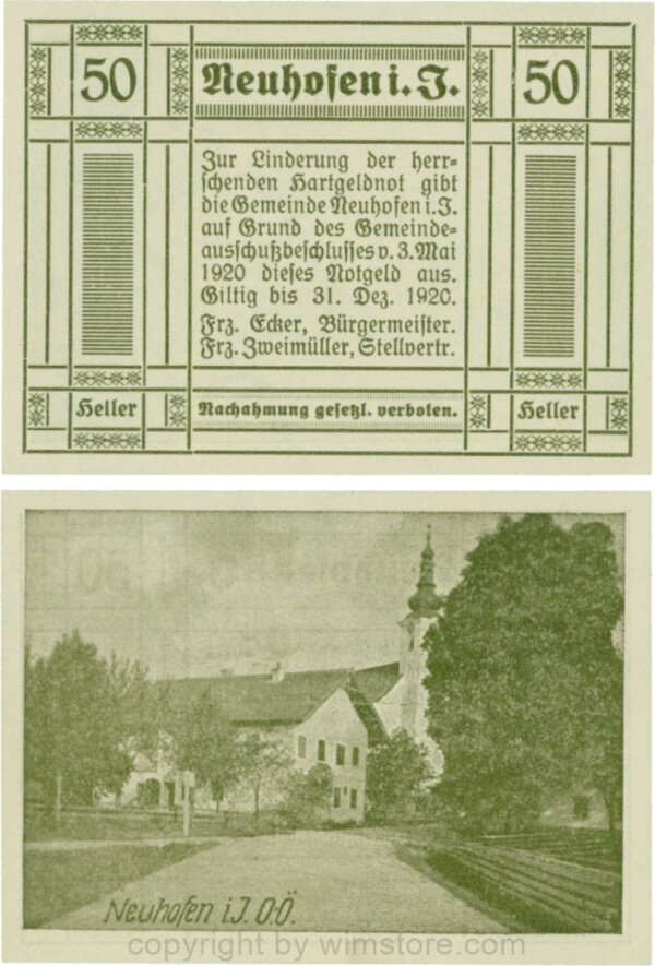 Neuhofen im Innkreis, G0652II9, 50 Heller, bei Heller ll mit Abstand, links l ohne, rehts mit Abstrich, Schein Nr. 9; 1-