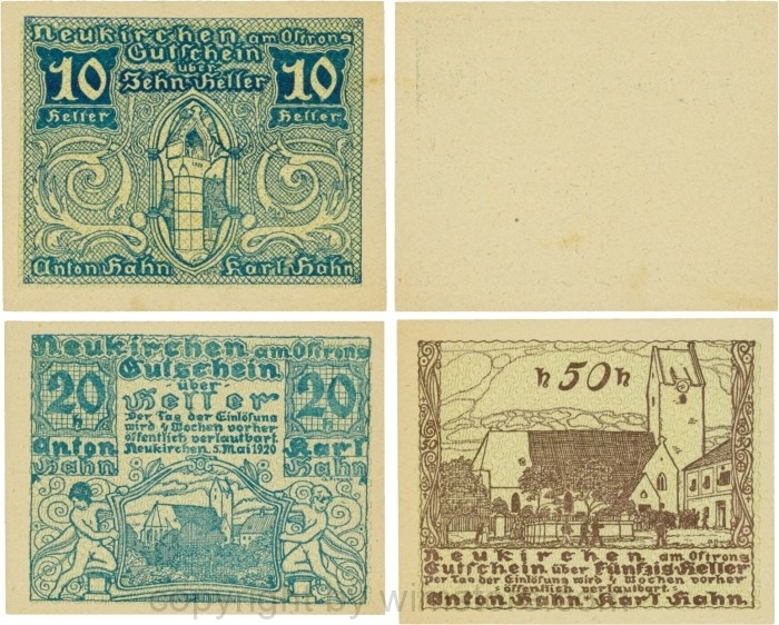 Neukirchen am Ostrong, P0654, Serie 10, 20 und 50 Heller, Anton und Karl Hahn; 1-