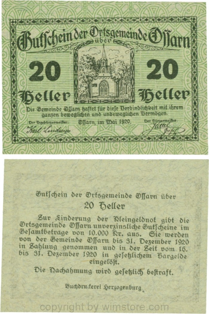 Ossarn, G0712a22, 20 Heller, Eckkreis links oben ist senkrecht, Schein 22; 1