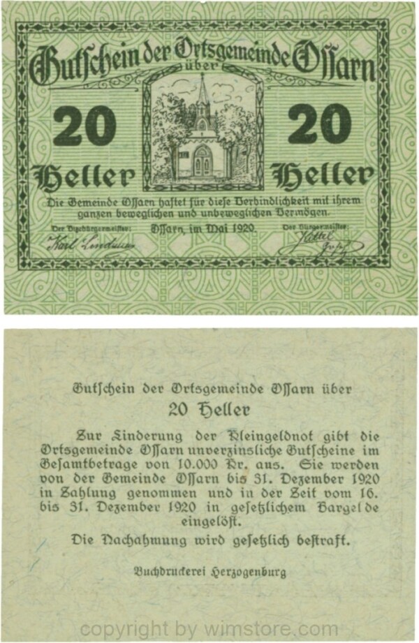 Ossarn, G0712a22, 20 Heller, Eckkreis links oben ist senkrecht, Schein 22; 1-