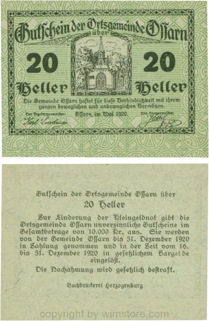 Ossarn, G0712a22, 20 Heller, Eckkreis links oben ist senkrecht, Schein 22; 1-