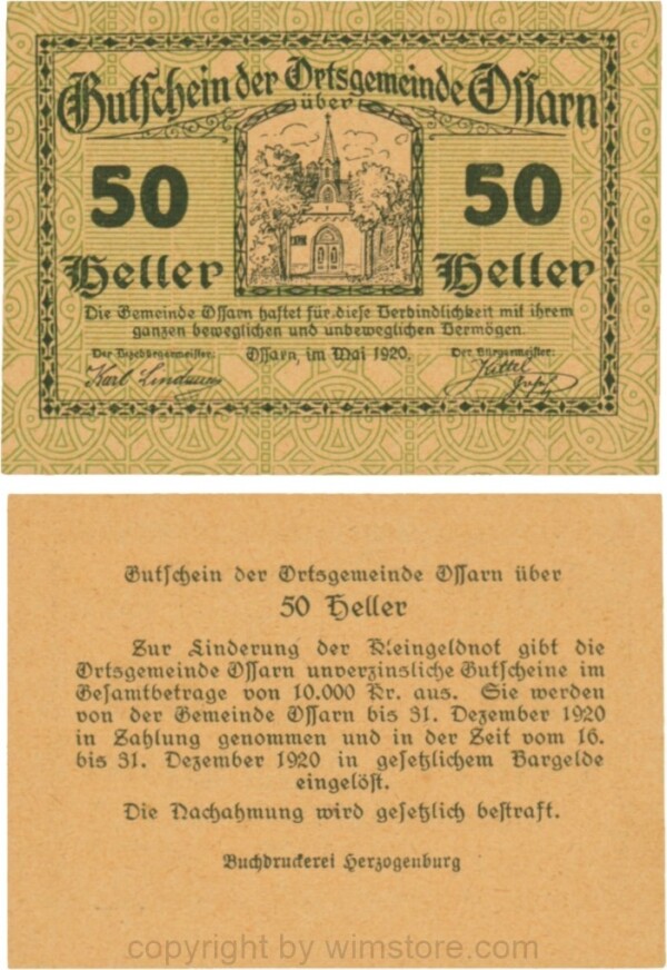Ossarn, G0712a43, 50 Heller, Eckkreis links unten ist senkrecht, Schein 43; 1