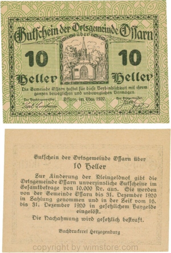 Ossarn, G0712a61, 10 Heller, beide linken Eckkreise sind senkrecht, Schein 61; 1