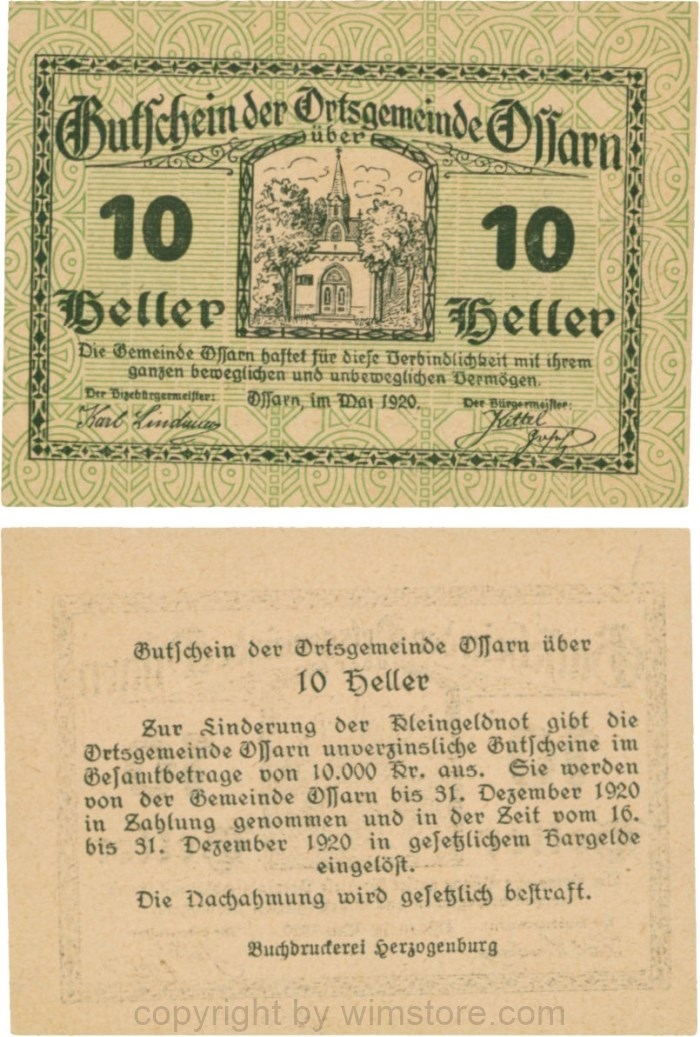 Ossarn, G0712a61, 10 Heller, beide linken Eckkreise sind senkrecht, Schein 61; 1-