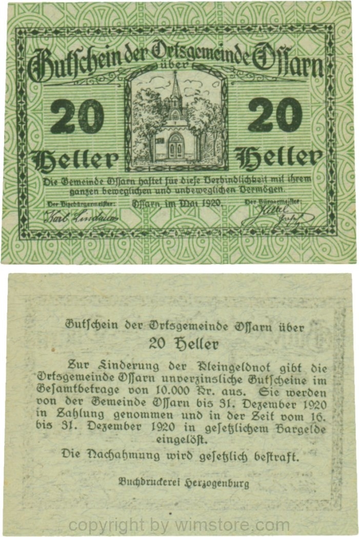 Ossarn, G0712a62, 20 Heller, beide linken Eckkreise sind senkrecht, Schein 62; 1