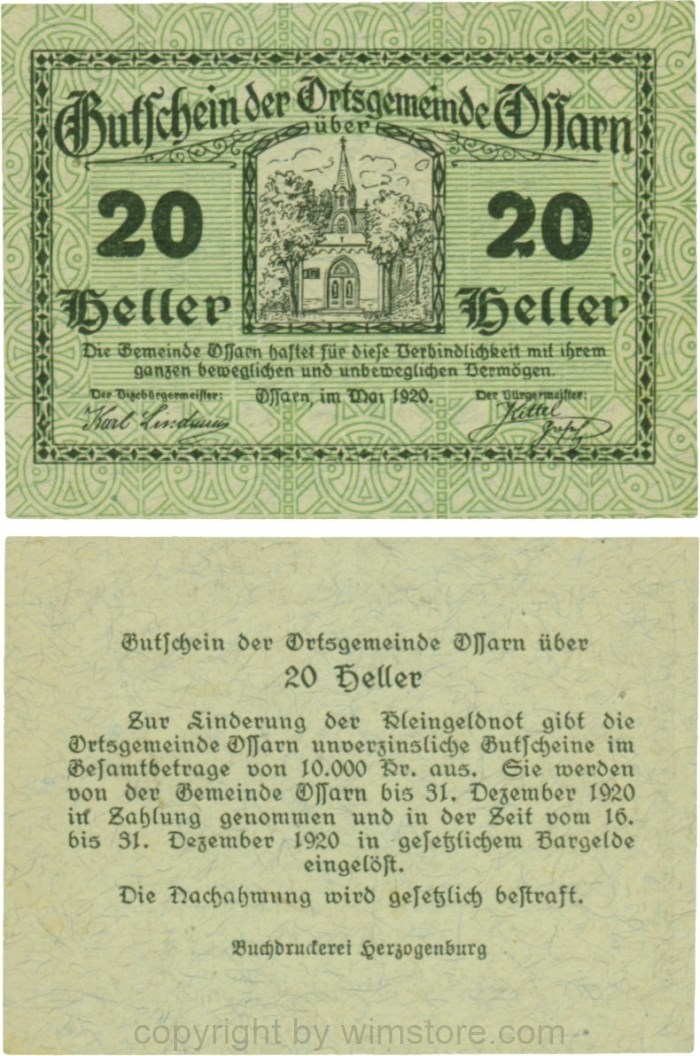 Ossarn, G0712a62, 20 Heller, beide linken Eckkreise sind senkrecht, Schein 62; 1-
