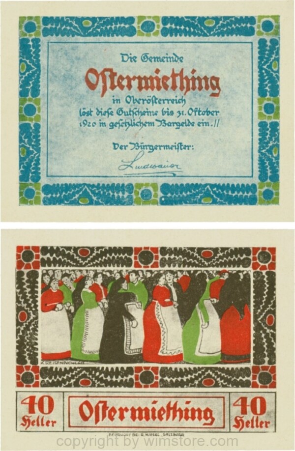 Ostermiething, G0713-1-Ia, 40 Heller, blaue Umrahmung der Textseite; 1