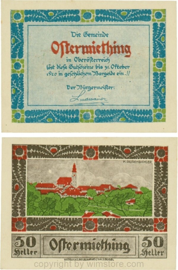 Ostermiething, G0713-1-Ia, 50 Heller, blaue Umrahmung der Textseite; 1-
