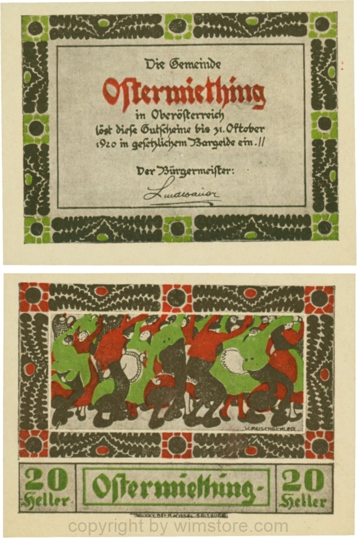 Ostermiething, G0713-1-Ib, 20 Heller, braune Umrahmung der Textseite; 1
