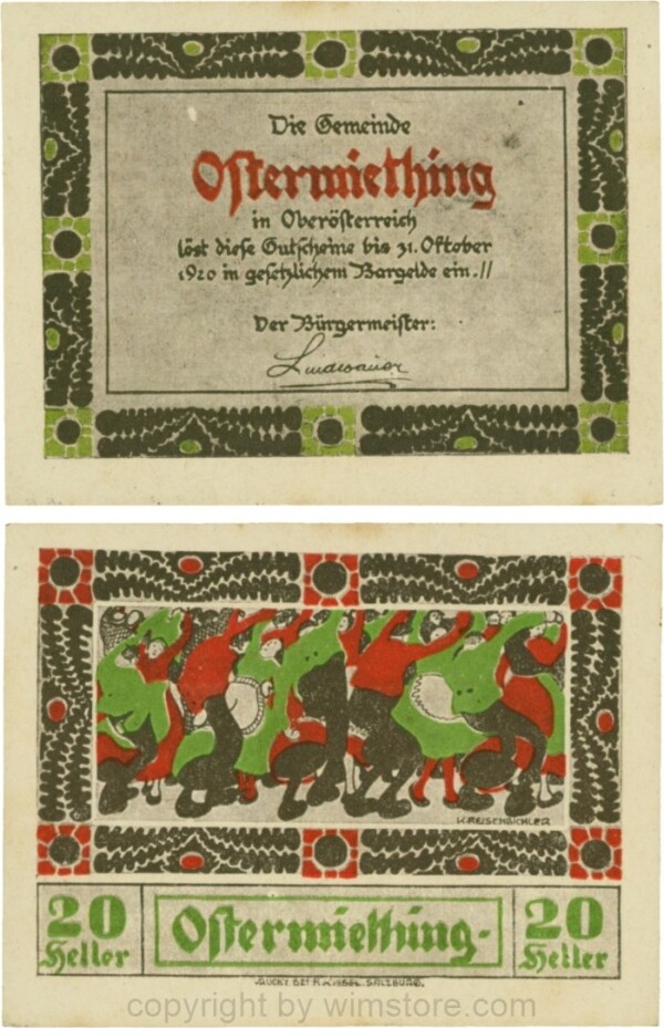 Ostermiething, G0713-1-Ib, 20 Heller, braune Umrahmung der Textseite; 1-