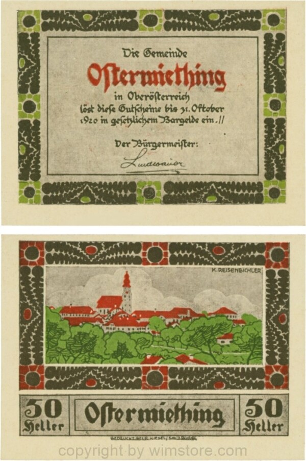 Ostermiething, G0713-1-Ib, 50 Heller, braune Umrahmung der Textseite; 1
