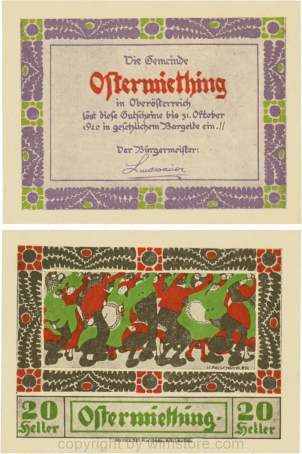 Ostermiething, G0713-1-Ic, 20 Heller, violette Umrahmung der Textseite; 1