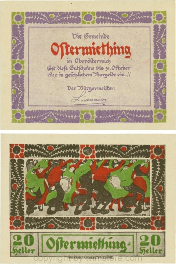 Ostermiething, G0713-1-Ic, 20 Heller, violette Umrahmung der Textseite; 1-