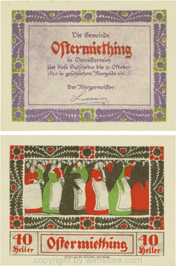 Ostermiething, G0713-1-Ic, 40 Heller, violette Umrahmung der Textseite; 1-