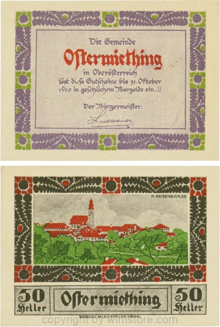 Ostermiething, G0713-1-Ic, 50 Heller, violette Umrahmung der Textseite; 1-