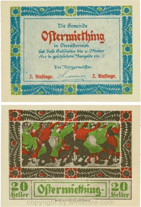 Ostermiething, G0713-1-Ig, 20 Heller, blaue Umrahmung der Textseite, 2. Auflage; 1