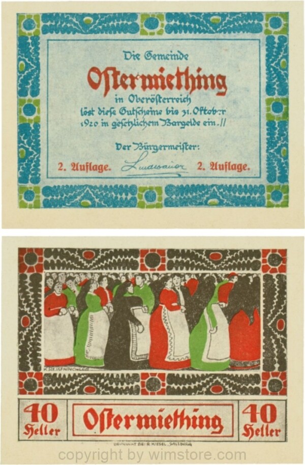 Ostermiething, G0713-1-Ig, 40 Heller, blaue Umrahmung der Textseite, 2. Auflage; 1