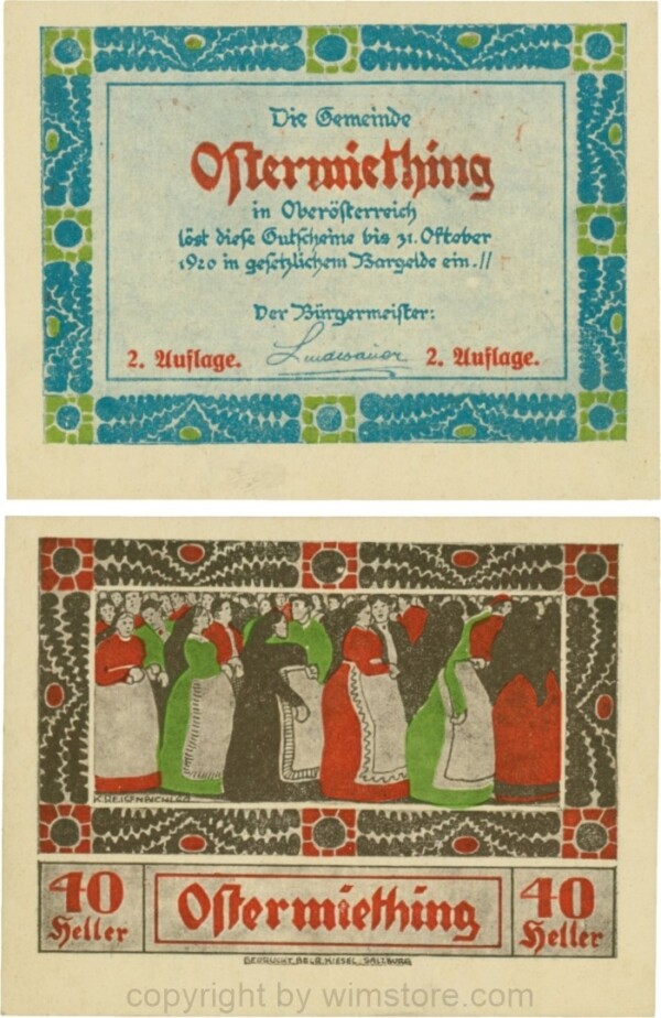 Ostermiething, G0713-1-Ig, 40 Heller, blaue Umrahmung der Textseite, 2. Auflage; 1-