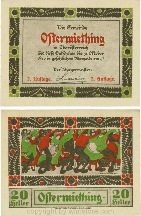 Ostermiething, G0713-1-Ih, 20 Heller, braune Umrahmung der Textseite, 2. Auflage; 1-