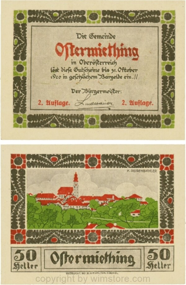 Ostermiething, G0713-1-Ih, 50 Heller, braune Umrahmung der Textseite, 2. Auflage; 1