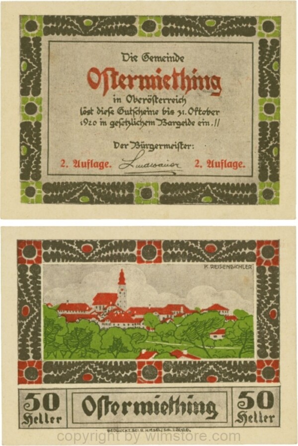 Ostermiething, G0713-1-Ih, 50 Heller, braune Umrahmung der Textseite, 2. Auflage; 1-