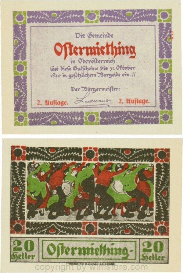 Ostermiething, G0713-1-Ii, 20 Heller, violette Umrahmung der Textseite, 2. Auflage; 1