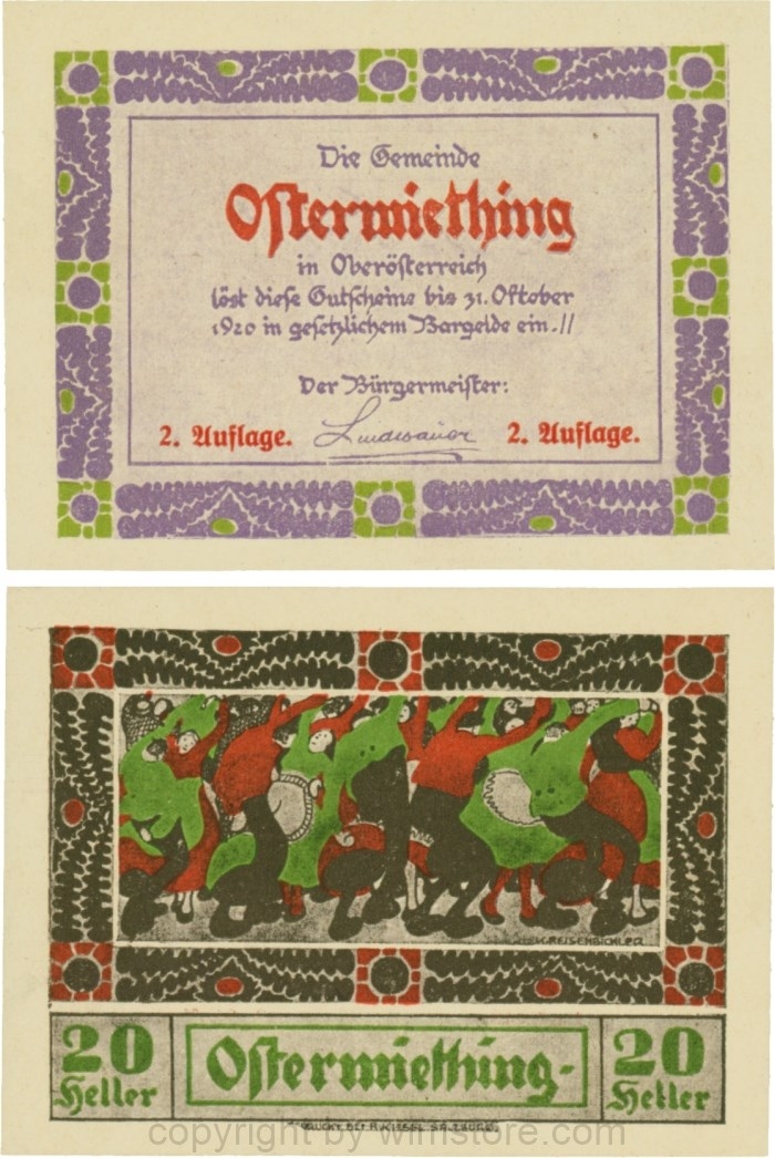 Ostermiething, G0713-1-Ii, 20 Heller, violette Umrahmung der Textseite, 2. Auflage; 1-