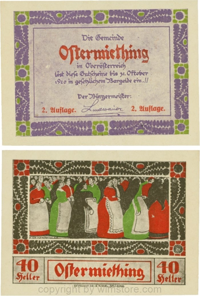 Ostermiething, G0713-1-Ii, 40 Heller, violette Umrahmung der Textseite, 2. Auflage; 1