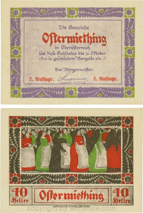 Ostermiething, G0713-1-Ii, 40 Heller, violette Umrahmung der Textseite, 2. Auflage; 1-