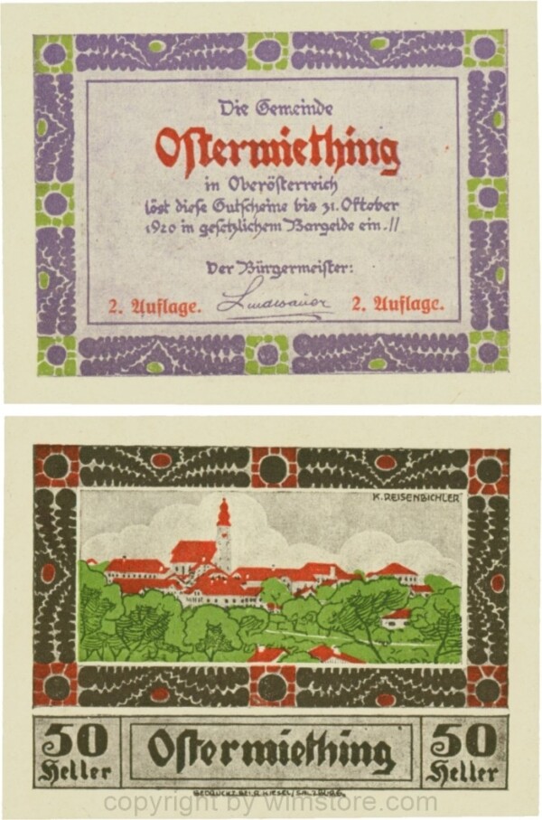 Ostermiething, G0713-1-Ii, 50 Heller, violette Umrahmung der Textseite, 2. Auflage; 1