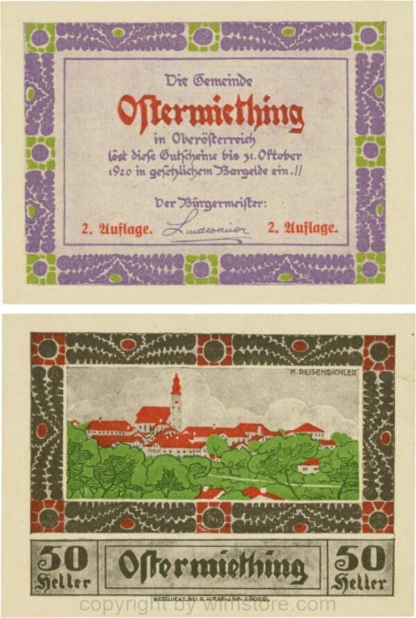 Ostermiething, G0713-1-Ii, 50 Heller, violette Umrahmung der Textseite, 2. Auflage; 1-