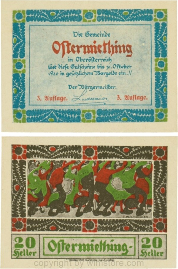Ostermiething, G0713-1-Ij, 20 Heller, blaue Umrahmung der Textseite, 3. Auflage; 1