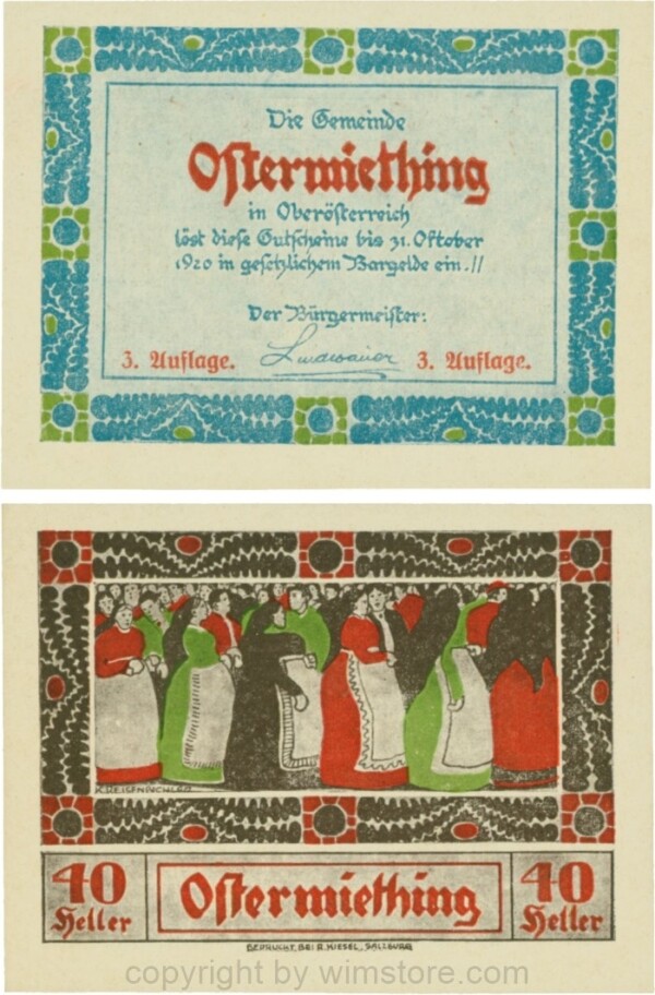 Ostermiething, G0713-1-Ij, 40 Heller, blaue Umrahmung der Textseite, 3. Auflage; 1