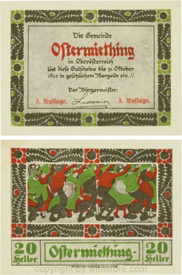 Ostermiething, G0713-1-Ik, 20 Heller, braune Umrahmung der Textseite, 3. Auflage; 1-